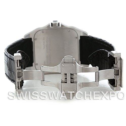 The image shows the back view of the Santos model by Cartier, focusing on the clasp and leather strap.