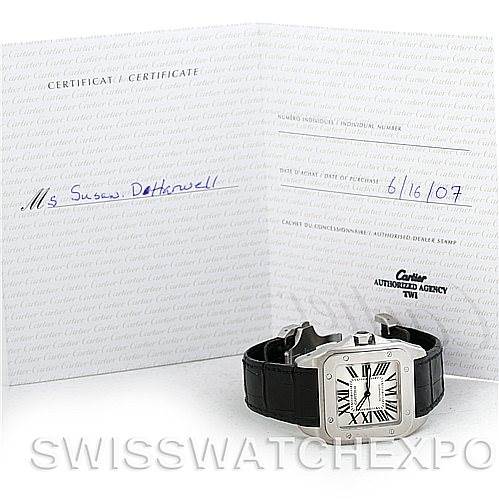 The image shows a Santos model by Cartier with a black leather strap and accompanying certificates.