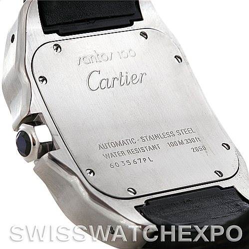 The image shows the back case of a Cartier Santos W20073X8 Men's Stainless Steel Silver Dial W20073X8 Men's Stainless Steel Silver Dial 100 watch, showcasing its stainless steel material and water resistance details.