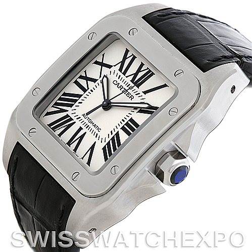 This image shows a Cartier Santos W20073X8 Men's Stainless Steel Silver Dial W20073X8 Men's Stainless Steel Silver Dial watch at a three-quarter angle, highlighting its face, bezel, crown, and part of the strap.