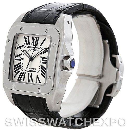 The image shows a Cartier Santos W20073X8 Men's Stainless Steel Silver Dial W20073X8 Men's Stainless Steel Silver Dial watch from a right-front angle, highlighting its dial, bezel, crown, and leather strap.