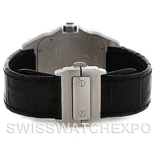 The image shows the back view of a Cartier Santos W20073X8 Men's Stainless Steel Silver Dial W20073X8 Men's Stainless Steel Silver Dial watch, highlighting the clasp and part of the black leather strap.