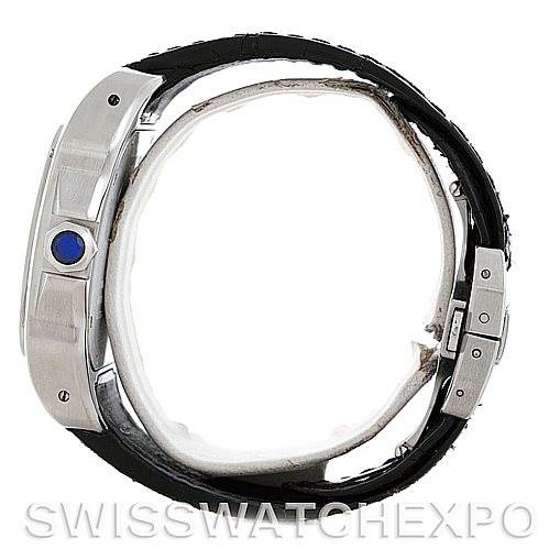 The Cartier Santos W20073X8 Men's Stainless Steel Silver Dial W20073X8 Men's Stainless Steel Silver Dial watch is shown from the side, highlighting the case, crown, and part of the leather strap.