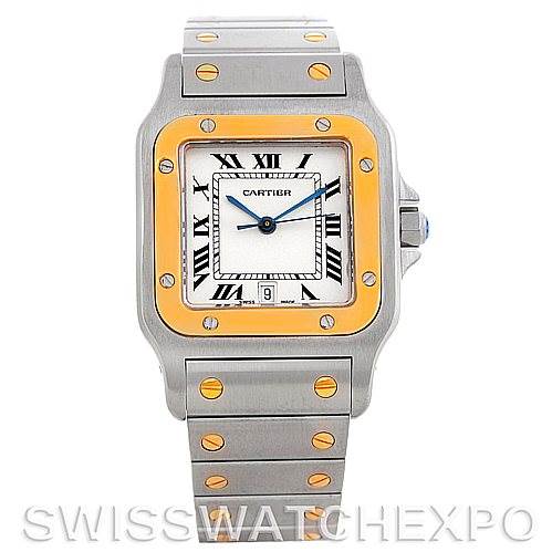 This image shows a front view of a Cartier Santos W20011C4 Men's Stainless Steel Silver Dial W20011C4 Men's Stainless Steel Silver Dial watch, highlighting its face, bezel, and bracelet.