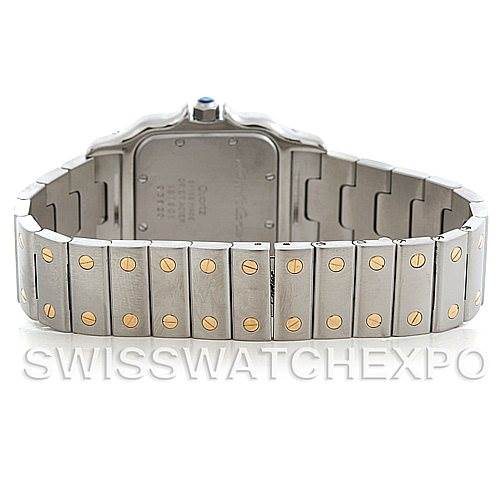 This image shows the back view of a Cartier Santos W20011C4 Men's Stainless Steel Silver Dial W20011C4 Men's Stainless Steel Silver Dial watch, focusing on the back case and metal bracelet with gold screws.