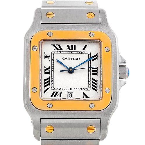 The image shows a full frontal view of a Cartier Santos W20011C4 Men's Stainless Steel Silver Dial W20011C4 Men's Stainless Steel Silver Dial watch, highlighting its face, bezel, and part of the bracelet.