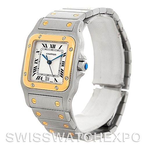 The image shows a Cartier Santos W20011C4 Men's Stainless Steel Silver Dial W20011C4 Men's Stainless Steel Silver Dial watch from a diagonal front-right angle, highlighting its bezel, dial, and bracelet.