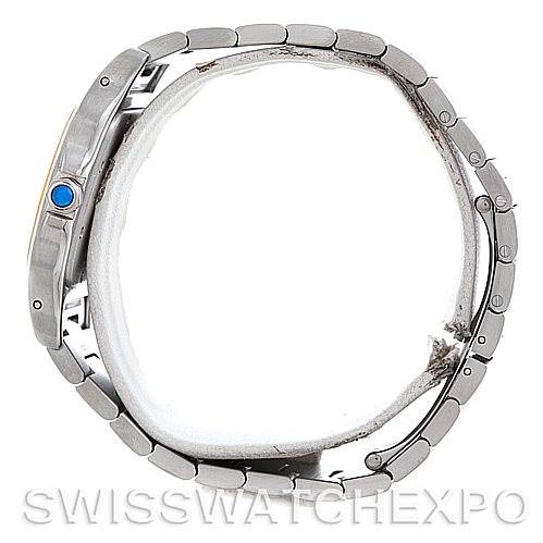 The image shows a Cartier Santos W20011C4 Men's Stainless Steel Silver Dial W20011C4 Men's Stainless Steel Silver Dial watch in a side profile angle, highlighting the bracelet and the blue cabochon crown.