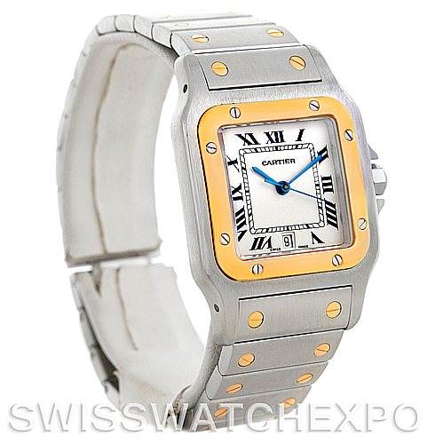 The image shows a front angled view of a Santos model by Cartier, highlighting the face, bezel, and part of the bracelet.