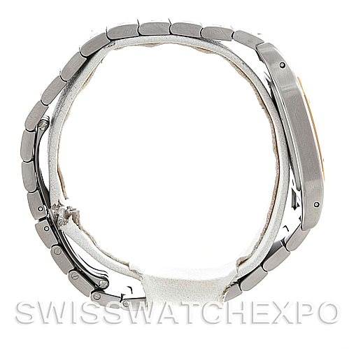 This image shows a side profile view of the Cartier Santos W20011C4 Men's Stainless Steel Silver Dial W20011C4 Men's Stainless Steel Silver Dial watch, highlighting its bracelet and case thickness.