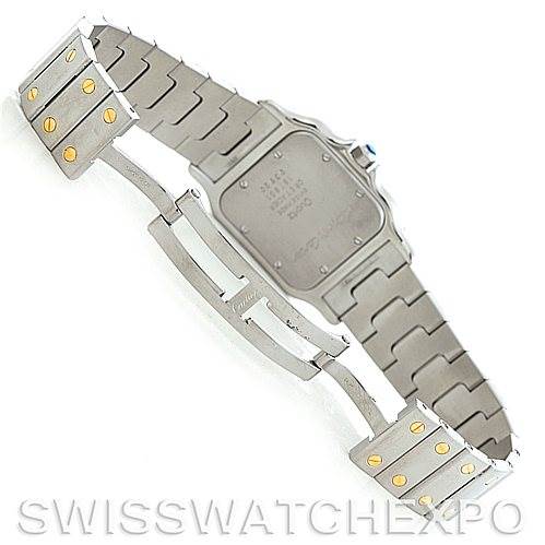 This image shows the back and open bracelet of a Cartier Santos W20011C4 Men's Stainless Steel Silver Dial W20011C4 Men's Stainless Steel Silver Dial watch, highlighting its stainless steel and gold accents.