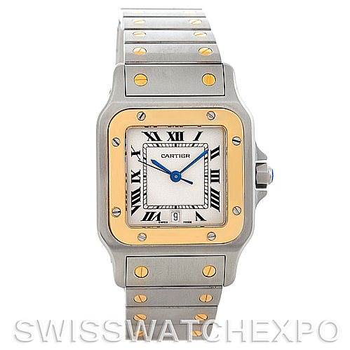 The image shows a front view of a Cartier Santos W20011C4 Men's Stainless Steel Silver Dial W20011C4 Men's Stainless Steel Silver Dial watch, displaying the face, bezel, and bracelet.