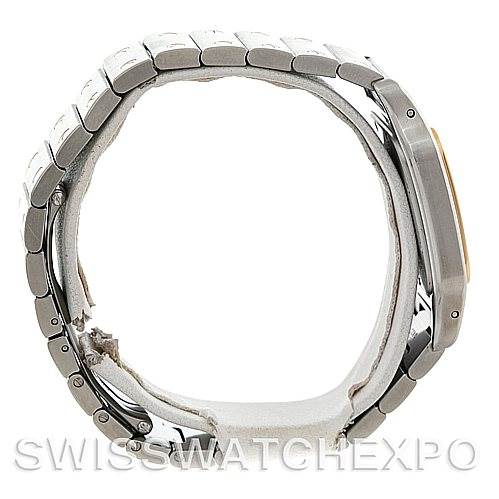 The image shows a side profile view of a Santos model Cartier watch, highlighting the bracelet and case side.