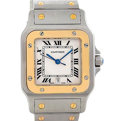 The image shows a front view of a Cartier Santos W20011C4 Men's Stainless Steel Silver Dial W20011C4 Men's Stainless Steel Silver Dial watch, featuring a square face with Roman numerals, blue hands, and a metal bracelet.