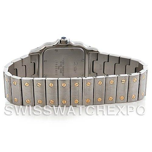 This image shows the back and clasp of a Cartier Santos W20011C4 Men's Stainless Steel Silver Dial W20011C4 Men's Stainless Steel Silver Dial watch, highlighting its metal bracelet and screw details.