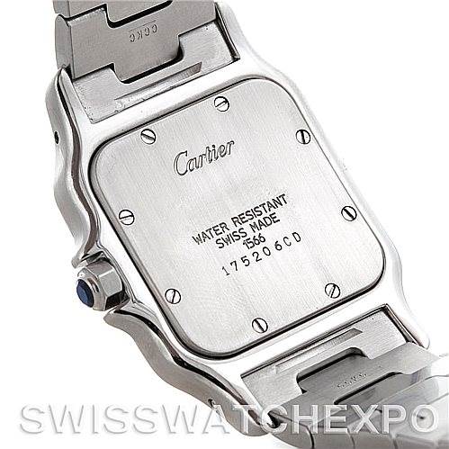 This image shows the back case of a Cartier Santos W20011C4 Men's Stainless Steel Silver Dial W20011C4 Men's Stainless Steel Silver Dial watch, highlighting its water resistance and serial number.