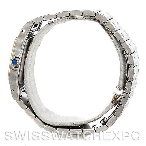Side profile view of a Cartier Santos W20011C4 Men's Stainless Steel Silver Dial W20011C4 Men's Stainless Steel Silver Dial watch emphasizing its bracelet and blue cabochon crown.