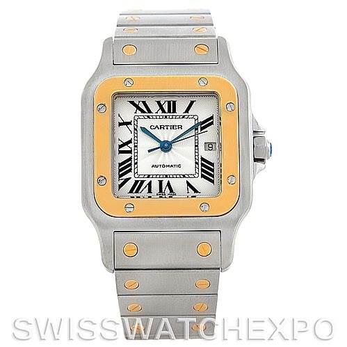 The image shows a Cartier Santos W20058C4 Men
s Stainless Steel Silver Dial W20058C4 Men
s Stainless Steel Silver Dial watch, viewed from the front, displaying the dial, case, and part of the bracelet.