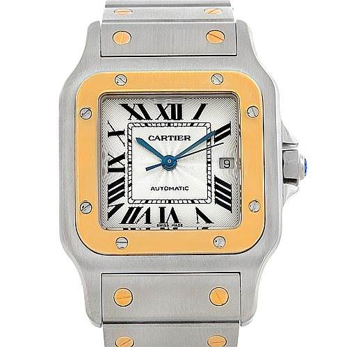 This image shows a front view of a Cartier Santos W20058C4 Men
s Stainless Steel Silver Dial W20058C4 Men
s Stainless Steel Silver Dial watch, highlighting its dial, bezel, and part of the bracelet.