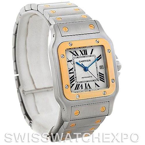 The image shows a front angled view of a Cartier Santos W20058C4 Men
s Stainless Steel Silver Dial W20058C4 Men
s Stainless Steel Silver Dial watch, highlighting the face, bezel, and bracelet.