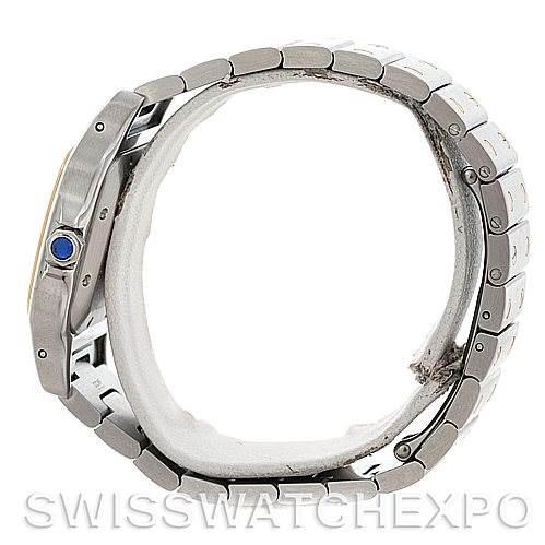 Side view of a Santos model by Cartier, showing the case, bezel, and bracelet.