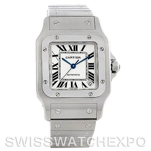 The image shows a front view of the Cartier Santos W20098D6 Men
s Stainless Steel Silver Dial W20098D6 Men
s Stainless Steel Silver Dial watch, displaying its face, bezel, and metal bracelet.