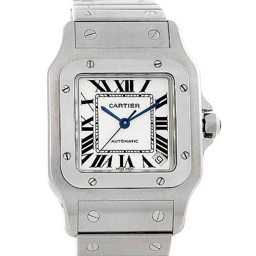 The image shows a front view of the Cartier Santos W20098D6 Men
s Stainless Steel Silver Dial W20098D6 Men
s Stainless Steel Silver Dial watch, highlighting its dial, case, and part of the bracelet.