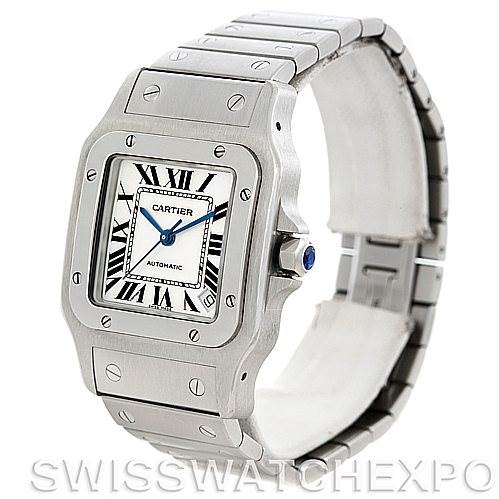 The image shows a Cartier Santos W20098D6 Men
s Stainless Steel Silver Dial W20098D6 Men
s Stainless Steel Silver Dial watch featuring the face, bezel, crown, and bracelet at an angle.
