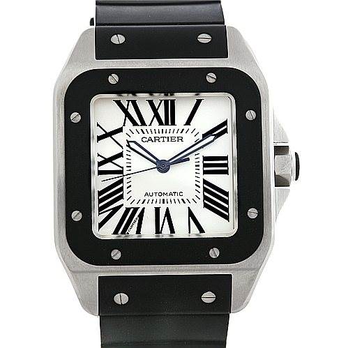 The image shows a front view of the Cartier Santos W20121U2 Men
s Stainless Steel Silver Dial W20121U2 Men
s Stainless Steel Silver Dial model watch, highlighting its face, bezel, and part of the strap.