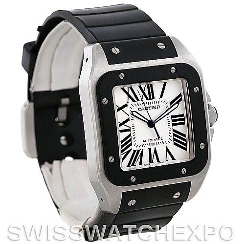 The image shows a Cartier Santos W20121U2 Men
s Stainless Steel Silver Dial W20121U2 Men
s Stainless Steel Silver Dial watch at a front angled view, highlighting the watch face and black rubber strap.