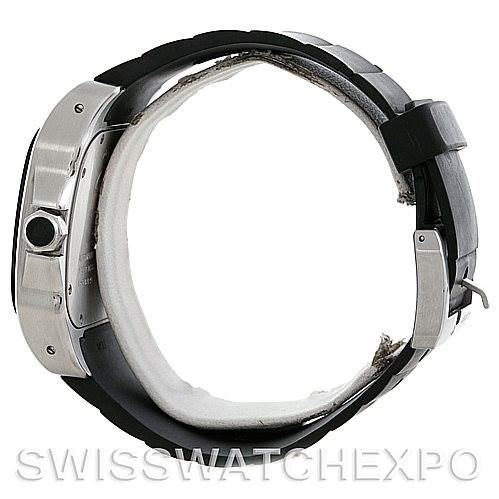 This side view image of the Cartier Santos W20121U2 Men
s Stainless Steel Silver Dial W20121U2 Men
s Stainless Steel Silver Dial watch shows the case, crown, and rubber strap, along with a buckle.