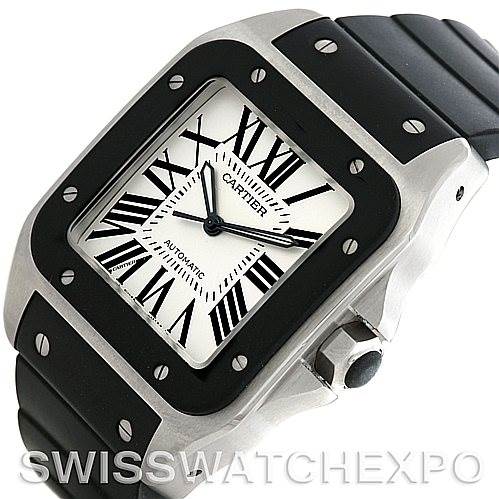 The image showcases a Cartier Santos W20121U2 Men
s Stainless Steel Silver Dial W20121U2 Men
s Stainless Steel Silver Dial watch from a three-quarter angle, highlighting the face, bezel, and part of the strap.