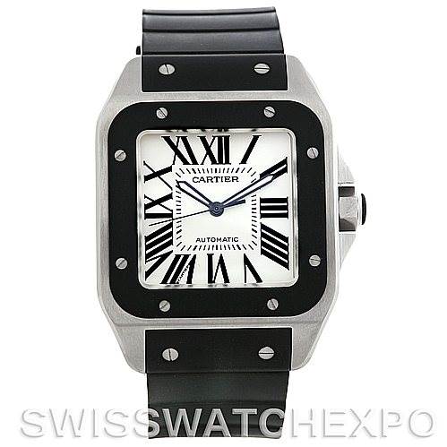 The image shows a front-facing view of the Cartier Santos W20121U2 Men
s Stainless Steel Silver Dial W20121U2 Men
s Stainless Steel Silver Dial watch, highlighting its square face, Roman numerals, and black strap.