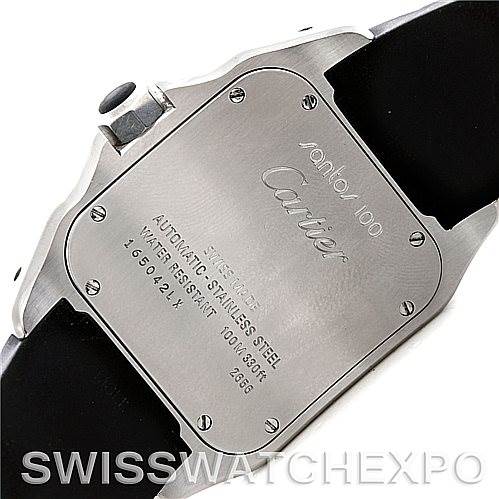 The image shows the back case of the Santos model by Cartier, including its inscriptions and the leather strap.