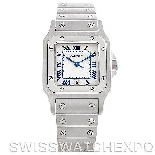 The image shows a front view of the Cartier Santos W20060D6 Men's Stainless Steel Silver Dial W20060D6 Men's Stainless Steel Silver Dial watch, highlighting its square dial, roman numerals, and stainless steel bracelet.