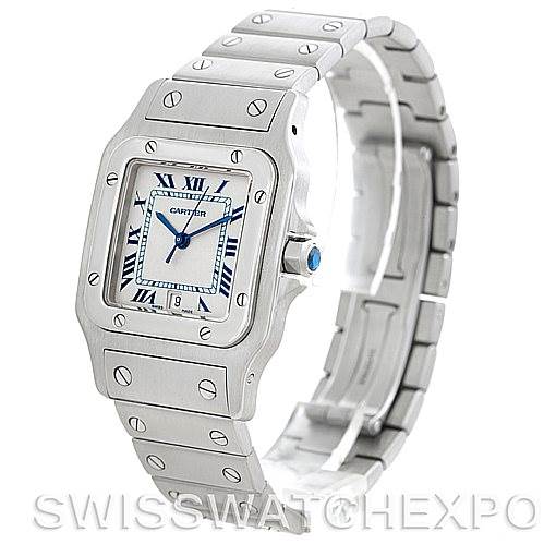 This image shows a Cartier Santos W20060D6 Men's Stainless Steel Silver Dial W20060D6 Men's Stainless Steel Silver Dial watch at a three-quarter angle, displaying the face, bezel, crown, and full strap.