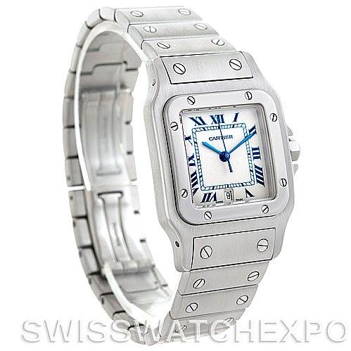 The image shows a Santos model by Cartier at a slight angle, featuring the face, bezel, and portion of the metal strap.