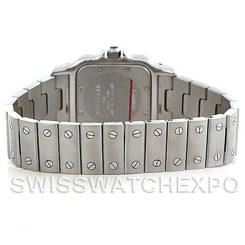 The image shows the back view of a Cartier Santos W20060D6 Men's Stainless Steel Silver Dial W20060D6 Men's Stainless Steel Silver Dial watch, focusing on its case back and metal bracelet.