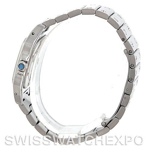 This image shows a side view of the Santos model watch by Cartier, highlighting the watch band and side profile.