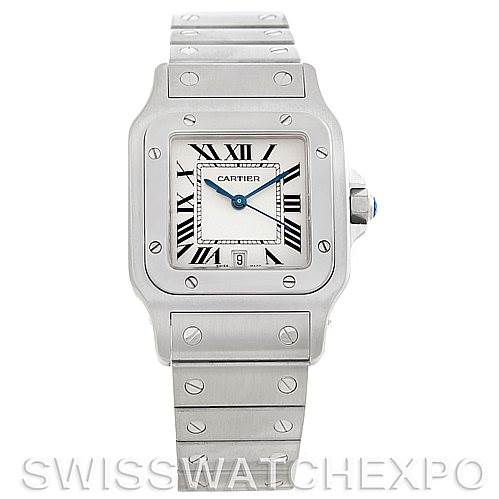 The image shows a front view of the Cartier Santos W20060D6 Men's Stainless Steel Silver Dial W20060D6 Men's Stainless Steel Silver Dial model watch, highlighting its square face, Roman numerals, and metallic bracelet.