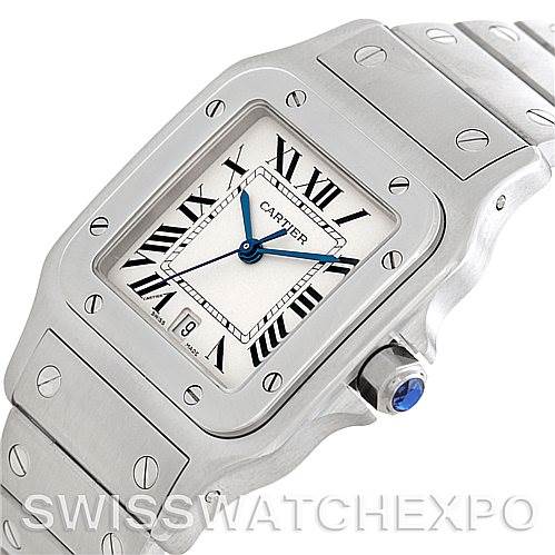 The image shows a front angled view of a Santos model by Cartier, highlighting the dial, bezel, and part of the bracelet.