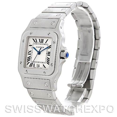 The image shows a side view of the Cartier Santos W20060D6 Men's Stainless Steel Silver Dial W20060D6 Men's Stainless Steel Silver Dial watch, highlighting the face, crown, and metal bracelet.