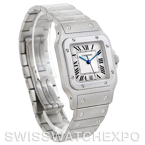 The image shows a Cartier Santos W20060D6 Men's Stainless Steel Silver Dial W20060D6 Men's Stainless Steel Silver Dial watch at a three-quarter angle displaying the face, bezel, and partially open metal bracelet.