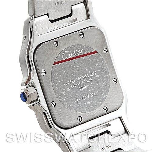 This image shows the back case of a Cartier Santos W20060D6 Men's Stainless Steel Silver Dial W20060D6 Men's Stainless Steel Silver Dial model watch, revealing its water-resistance and Swiss-made markings.