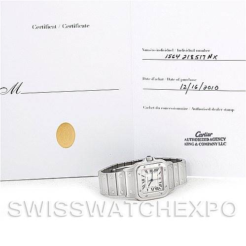 A Santos model Cartier watch is shown from a frontal angle, accompanied by its certificate on the left.