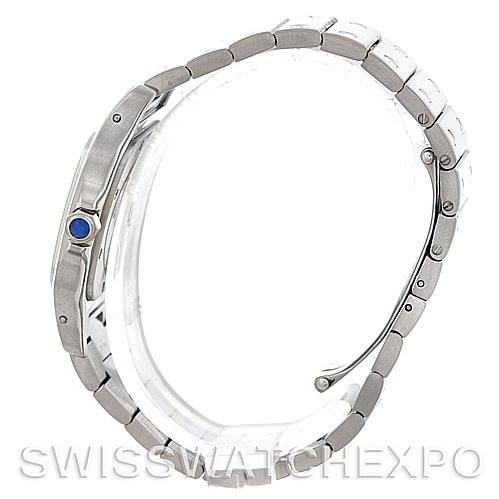 The image shows a side view angle of the Cartier Santos W20060D6 Men's Stainless Steel Silver Dial W20060D6 Men's Stainless Steel Silver Dial model watch, highlighting its metal bracelet and side profile, including the signature crown.