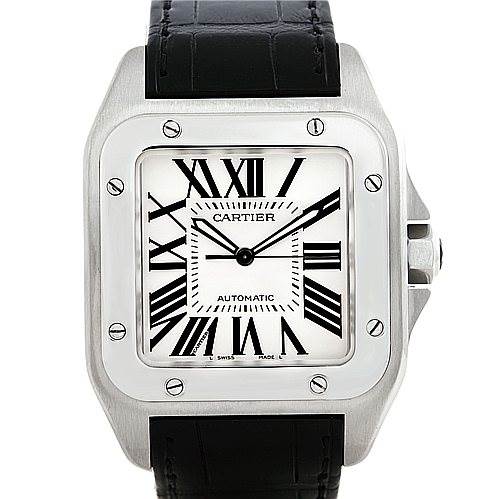 The Cartier Santos W20073X8 Men's Stainless Steel Silver Dial W20073X8 Men's Stainless Steel Silver Dial watch is shown from the front, displaying the face, Roman numerals, and black leather strap.