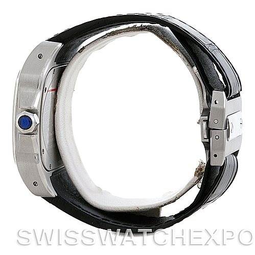 This image shows a side view of the Cartier Santos W20073X8 Men's Stainless Steel Silver Dial W20073X8 Men's Stainless Steel Silver Dial watch, highlighting its crown and leather strap.