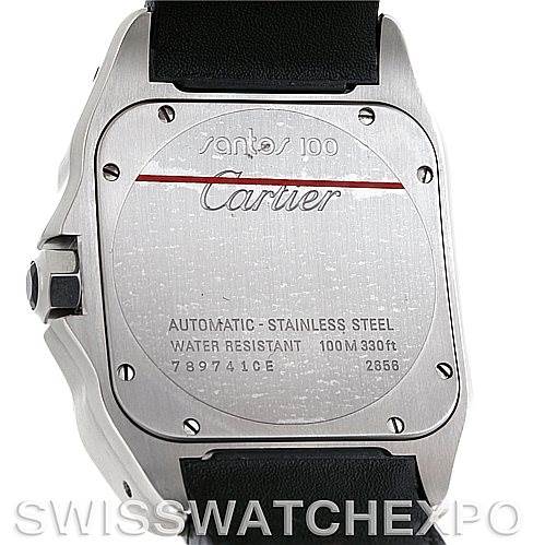 The image shows the back case of a Cartier Santos W20073X8 Men's Stainless Steel Silver Dial W20073X8 Men's Stainless Steel Silver Dial 100 watch with a leather strap and stainless steel backplate.