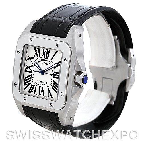The image shows a Cartier Santos W20073X8 Men's Stainless Steel Silver Dial W20073X8 Men's Stainless Steel Silver Dial watch at a three-quarter angle, displaying the face, strap, and bezel.